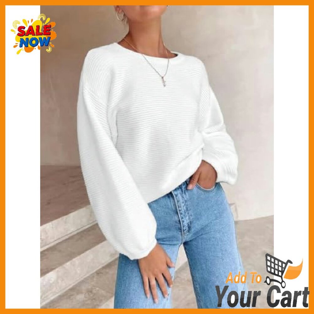 Soft Ribbed Pullover Sweater Lantern Sleeves Loos… - image 4